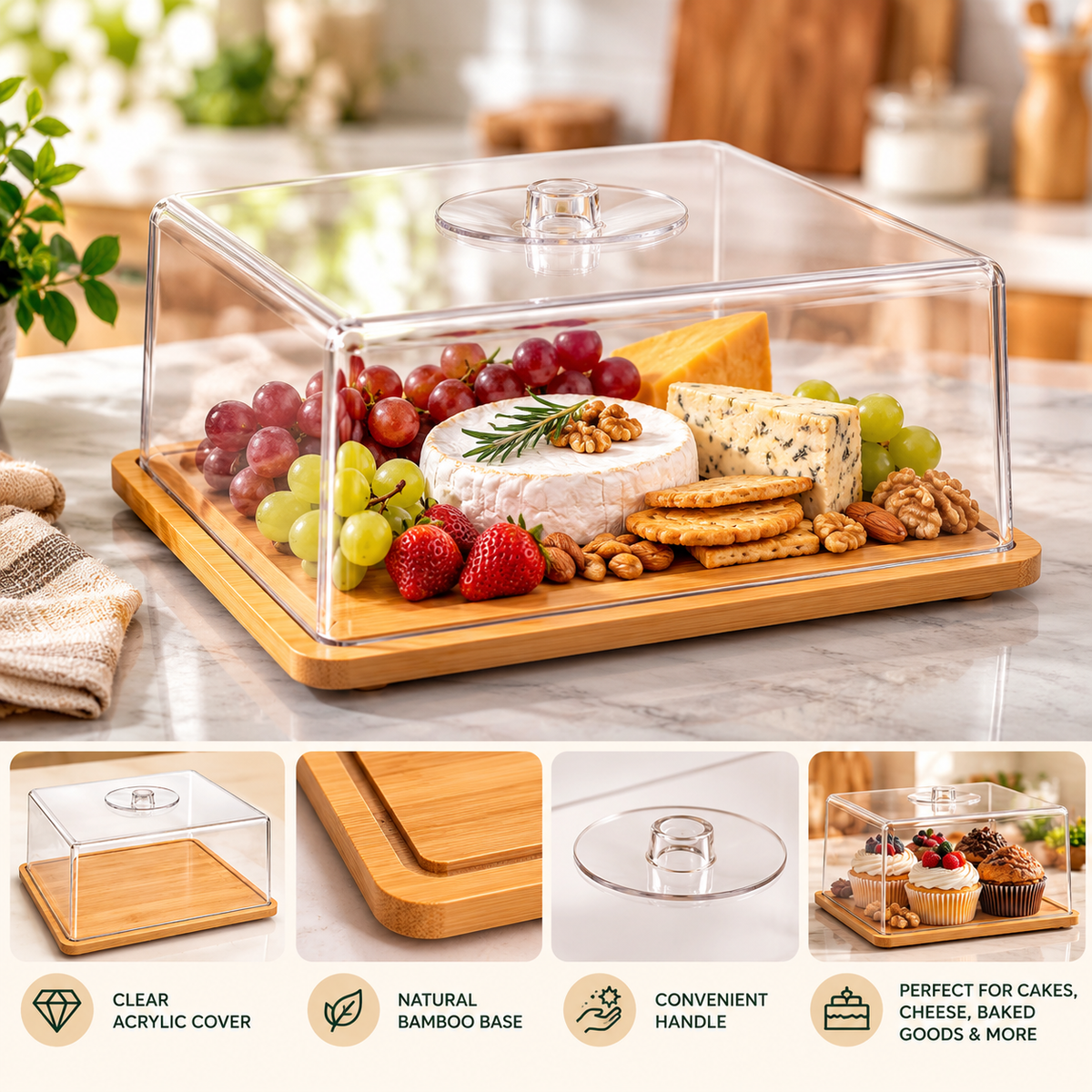 Bamboo Base Acrylic Food Display Cover