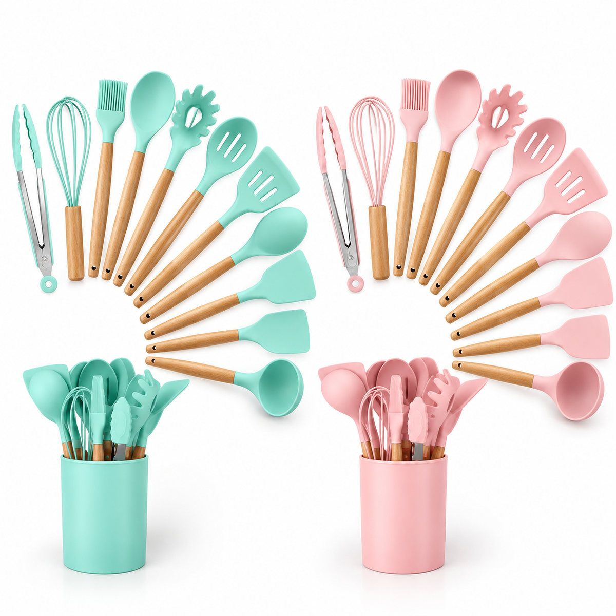 Silicone Kitchen Utensil Set with Wooden Handles & Storage Holder