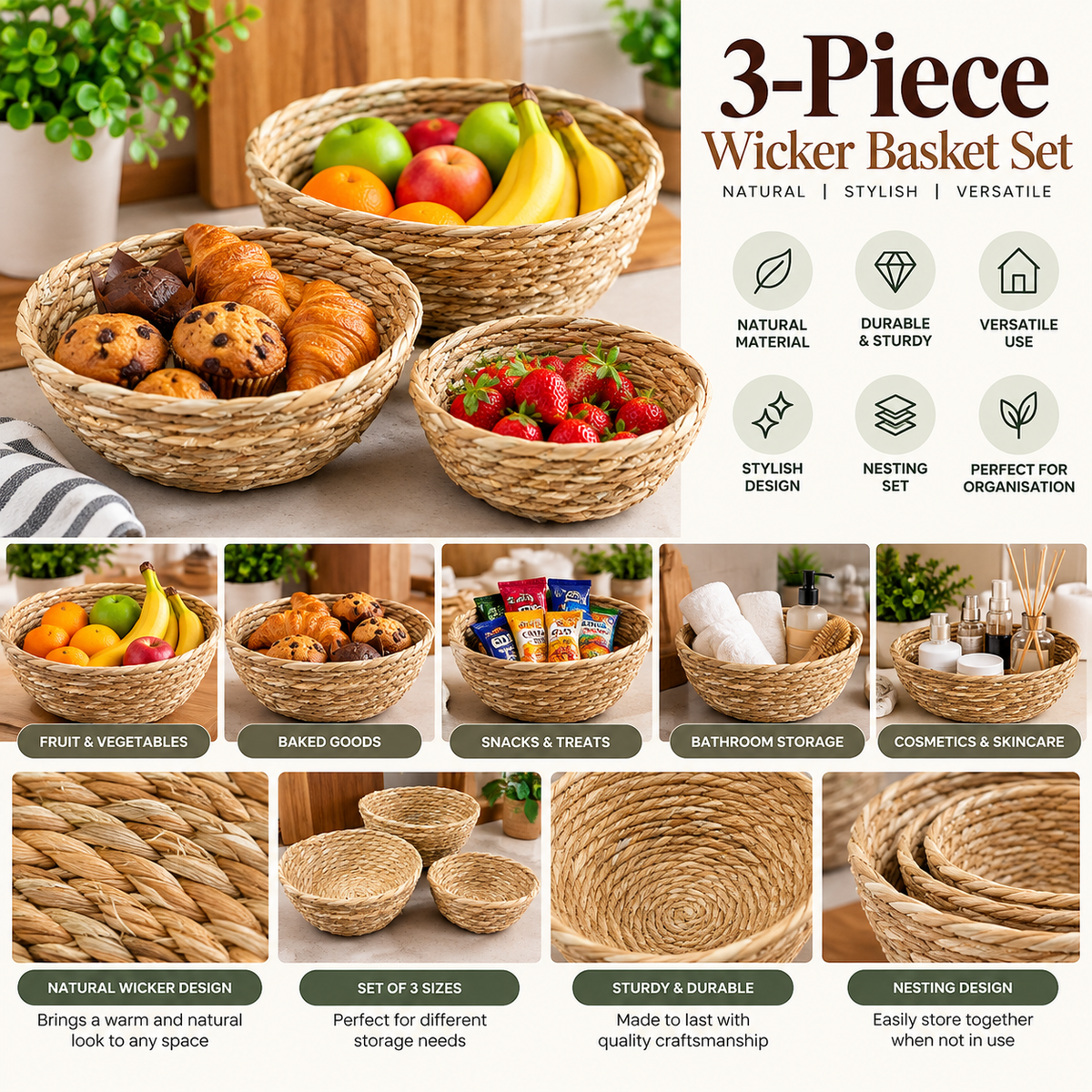 3-Piece Natural Wicker Basket Set